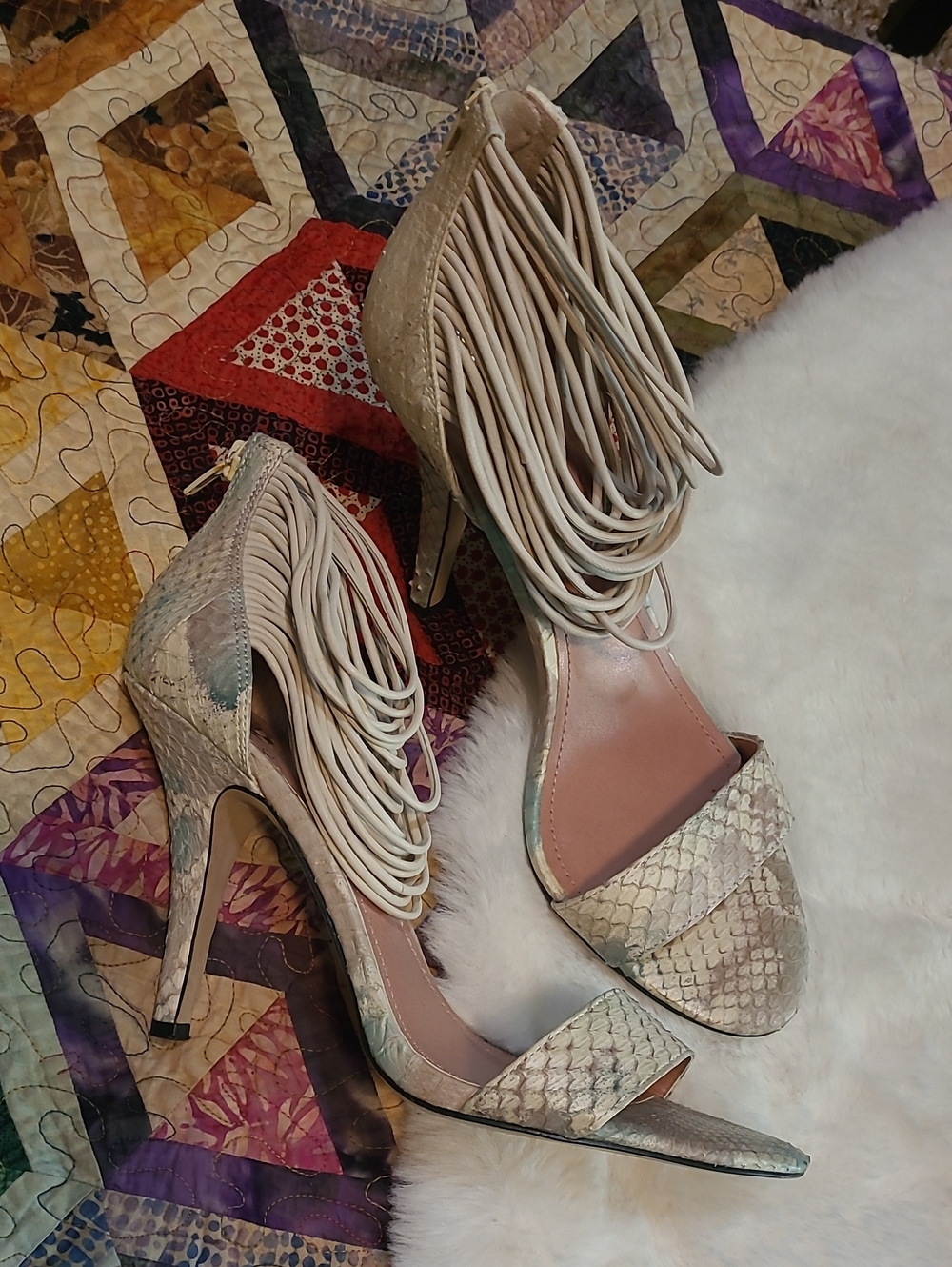 Vince Camuto Wesley Watercolor Swirls Strappy Snakeskin Embossed Heels - Picture 1 of 11